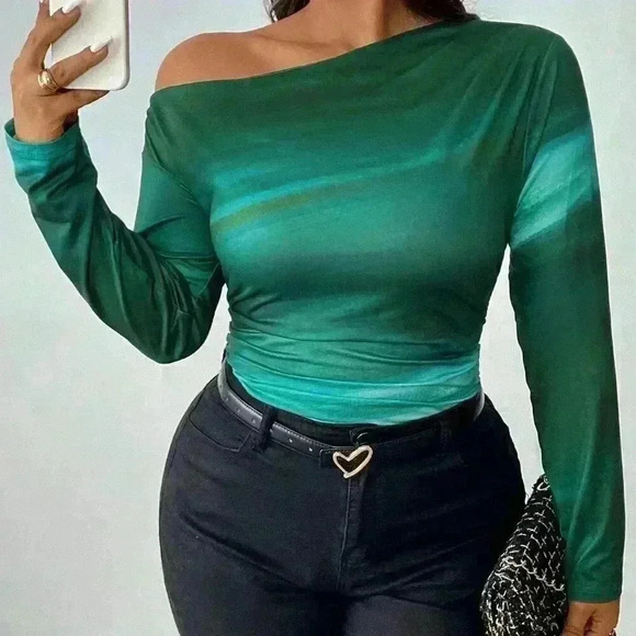 Tops - Multicolor Casual Women's Plus Size Asymmetrical Neck Long Sleeve Shirt